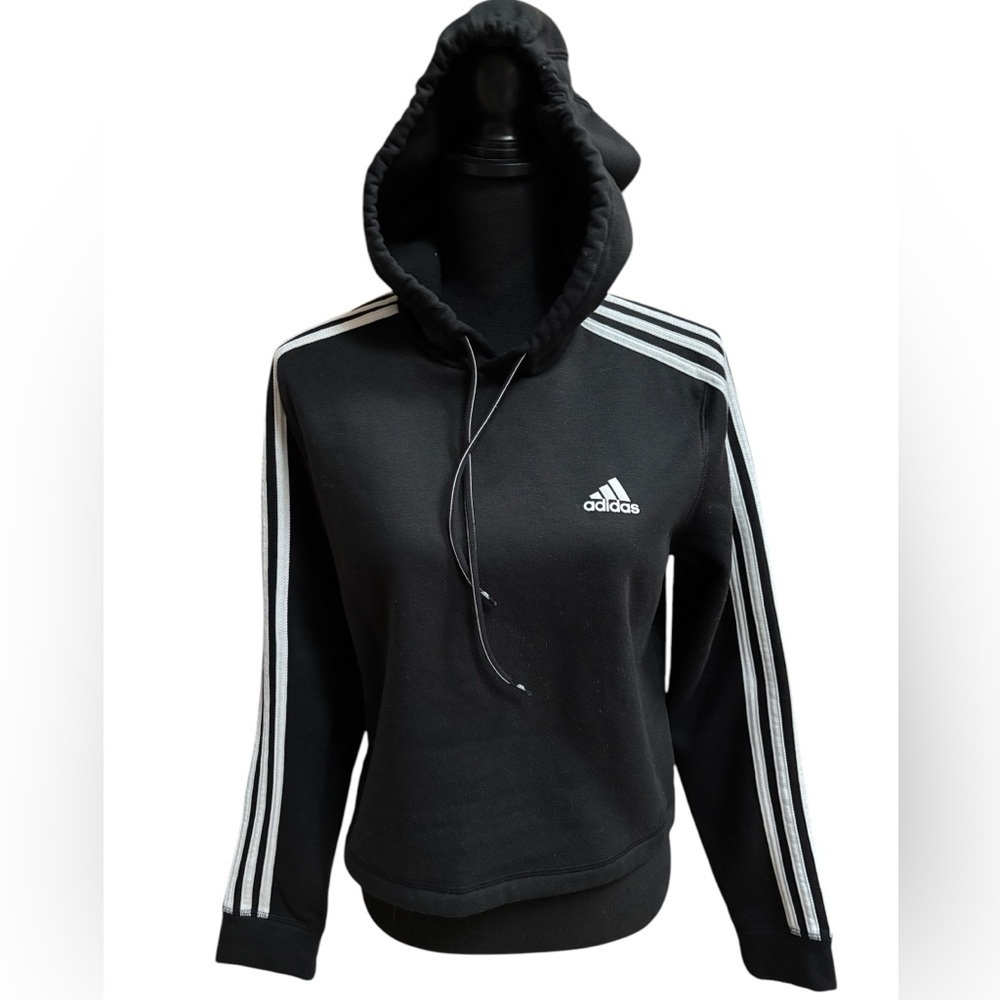 ADIDAS CROPPED  ATHLEISURE ICONIC 3 STRIPE BLACK CASUAL WORKOUT HOODIE TOP SZ M